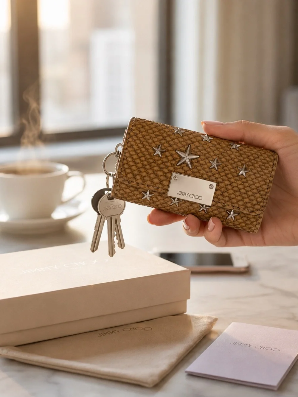 Jimmy Choo Star Studded Snake Embossed Key Holder w/ Box & Dust Bag New